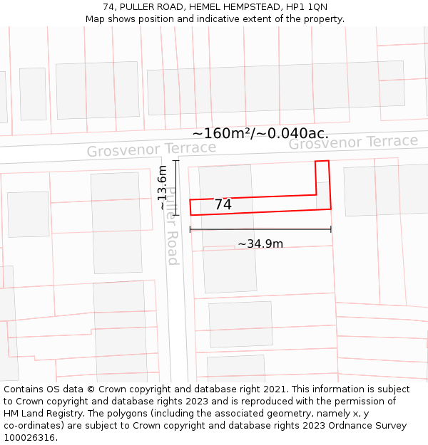 74, PULLER ROAD, HEMEL HEMPSTEAD, HP1 1QN: Plot and title map