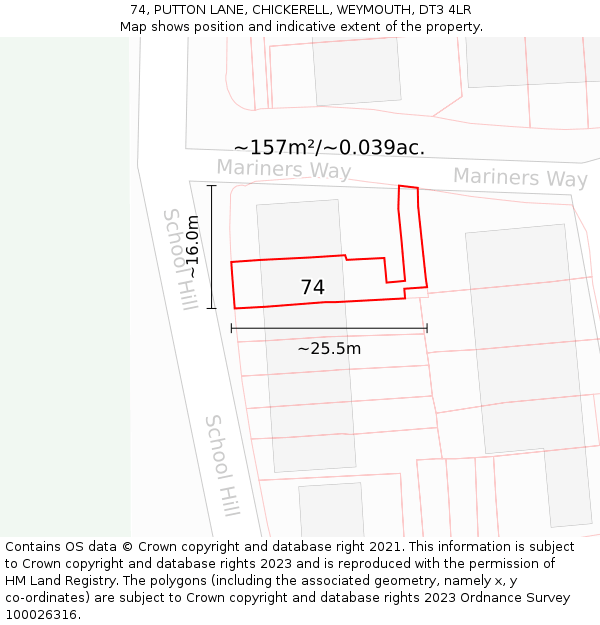 74, PUTTON LANE, CHICKERELL, WEYMOUTH, DT3 4LR: Plot and title map
