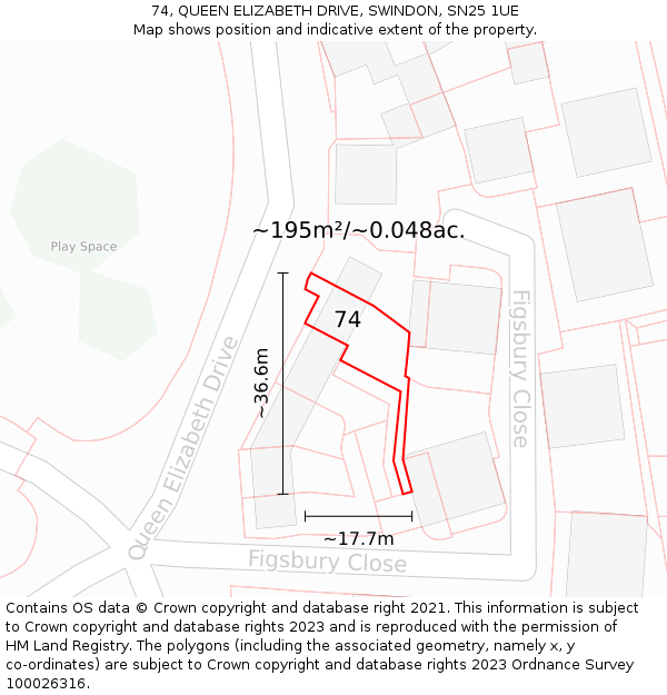 74, QUEEN ELIZABETH DRIVE, SWINDON, SN25 1UE: Plot and title map