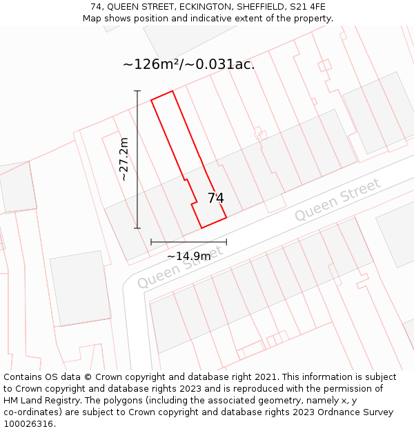 74, QUEEN STREET, ECKINGTON, SHEFFIELD, S21 4FE: Plot and title map