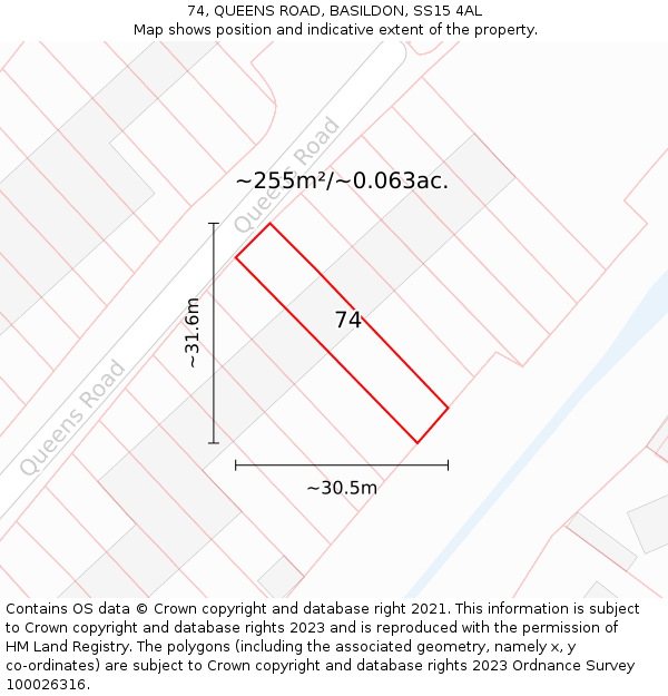 74, QUEENS ROAD, BASILDON, SS15 4AL: Plot and title map