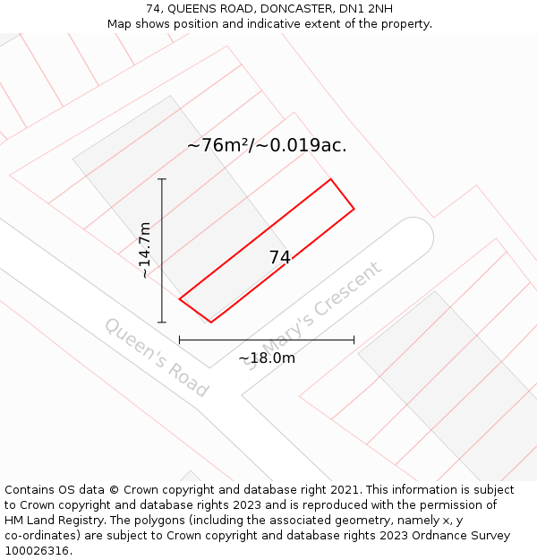 74, QUEENS ROAD, DONCASTER, DN1 2NH: Plot and title map