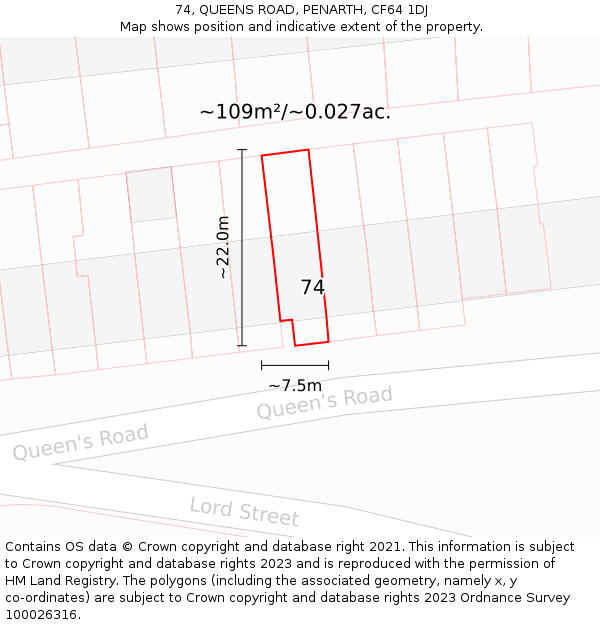 74, QUEENS ROAD, PENARTH, CF64 1DJ: Plot and title map