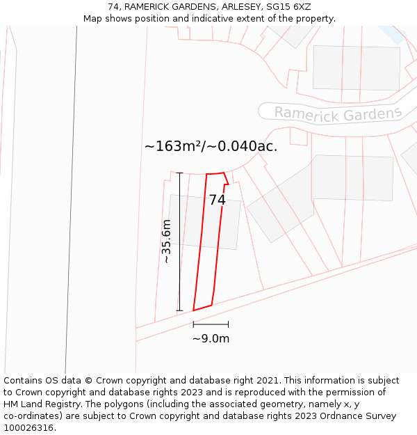 74, RAMERICK GARDENS, ARLESEY, SG15 6XZ: Plot and title map