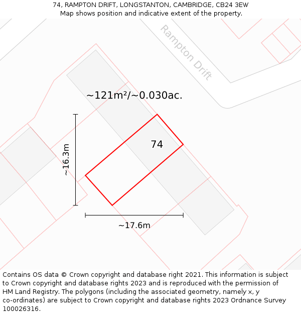 74, RAMPTON DRIFT, LONGSTANTON, CAMBRIDGE, CB24 3EW: Plot and title map
