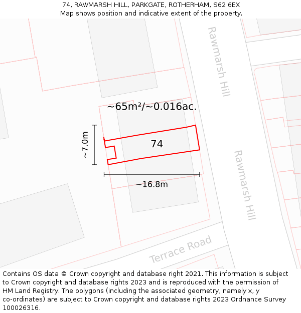 74, RAWMARSH HILL, PARKGATE, ROTHERHAM, S62 6EX: Plot and title map