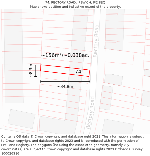 74, RECTORY ROAD, IPSWICH, IP2 8EQ: Plot and title map