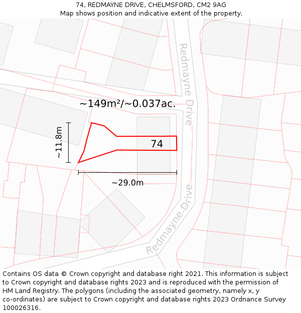 74, REDMAYNE DRIVE, CHELMSFORD, CM2 9AG: Plot and title map