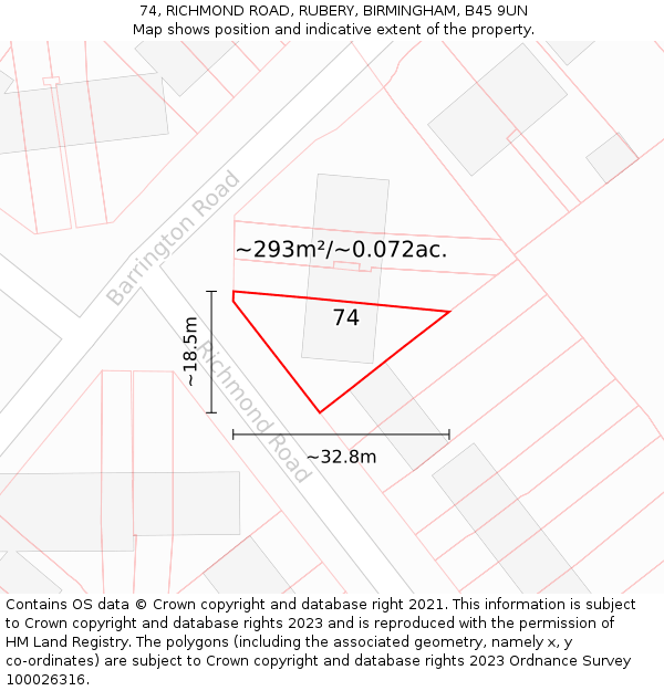 74, RICHMOND ROAD, RUBERY, BIRMINGHAM, B45 9UN: Plot and title map