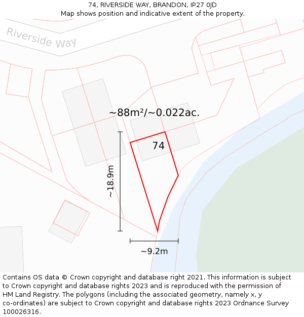 74, RIVERSIDE WAY, BRANDON, IP27 0JD: Plot and title map