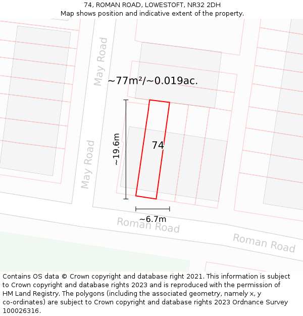 74, ROMAN ROAD, LOWESTOFT, NR32 2DH: Plot and title map
