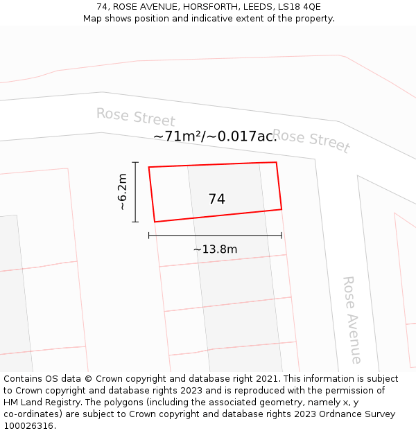 74, ROSE AVENUE, HORSFORTH, LEEDS, LS18 4QE: Plot and title map