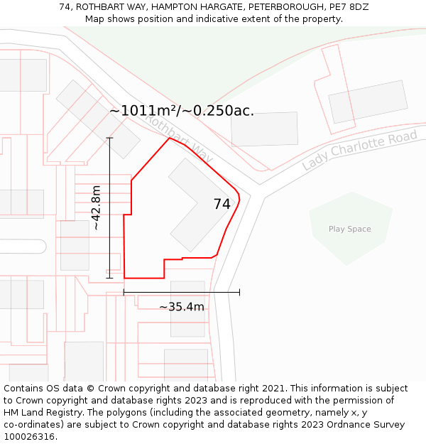 74, ROTHBART WAY, HAMPTON HARGATE, PETERBOROUGH, PE7 8DZ: Plot and title map
