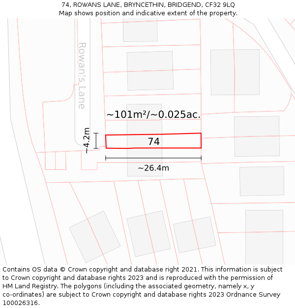 74, ROWANS LANE, BRYNCETHIN, BRIDGEND, CF32 9LQ: Plot and title map