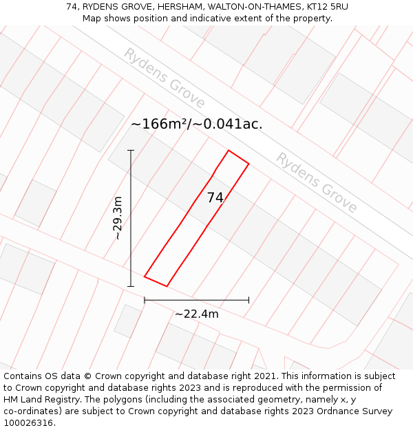 74, RYDENS GROVE, HERSHAM, WALTON-ON-THAMES, KT12 5RU: Plot and title map