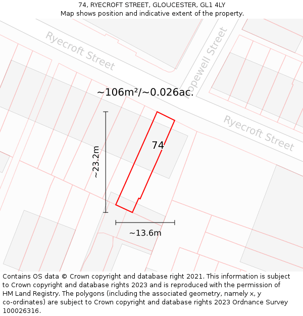 74, RYECROFT STREET, GLOUCESTER, GL1 4LY: Plot and title map