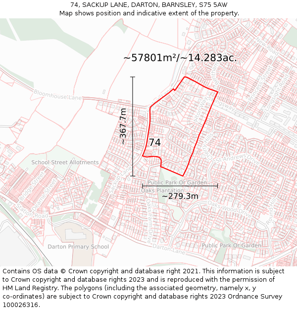 74, SACKUP LANE, DARTON, BARNSLEY, S75 5AW: Plot and title map