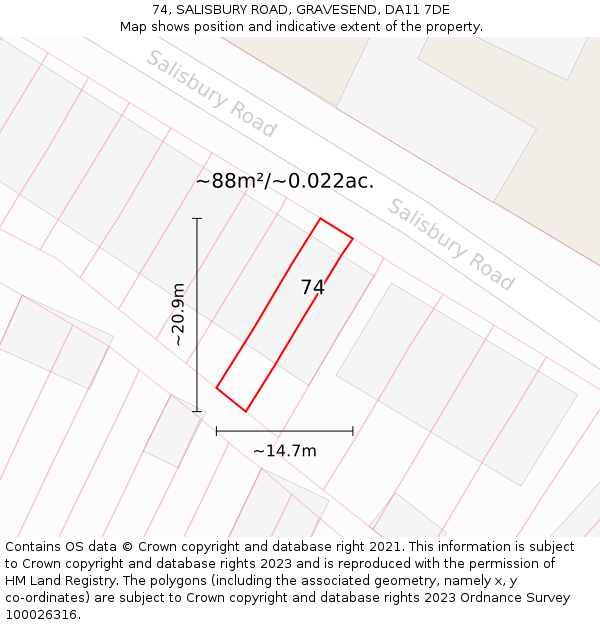 74, SALISBURY ROAD, GRAVESEND, DA11 7DE: Plot and title map