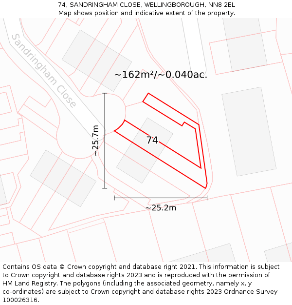 74, SANDRINGHAM CLOSE, WELLINGBOROUGH, NN8 2EL: Plot and title map
