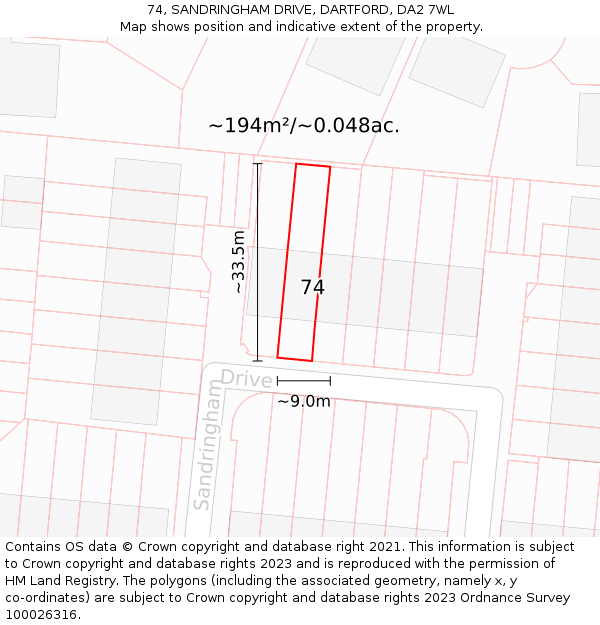 74, SANDRINGHAM DRIVE, DARTFORD, DA2 7WL: Plot and title map