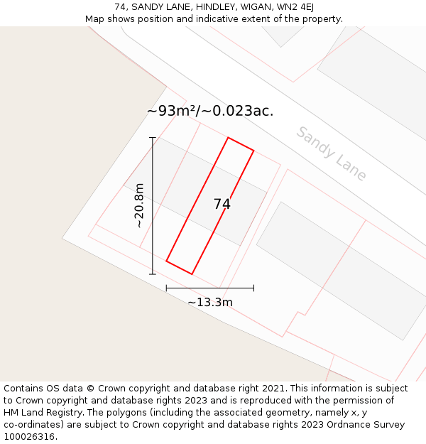 74, SANDY LANE, HINDLEY, WIGAN, WN2 4EJ: Plot and title map
