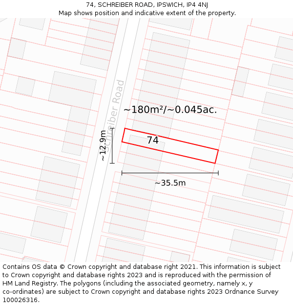 74, SCHREIBER ROAD, IPSWICH, IP4 4NJ: Plot and title map