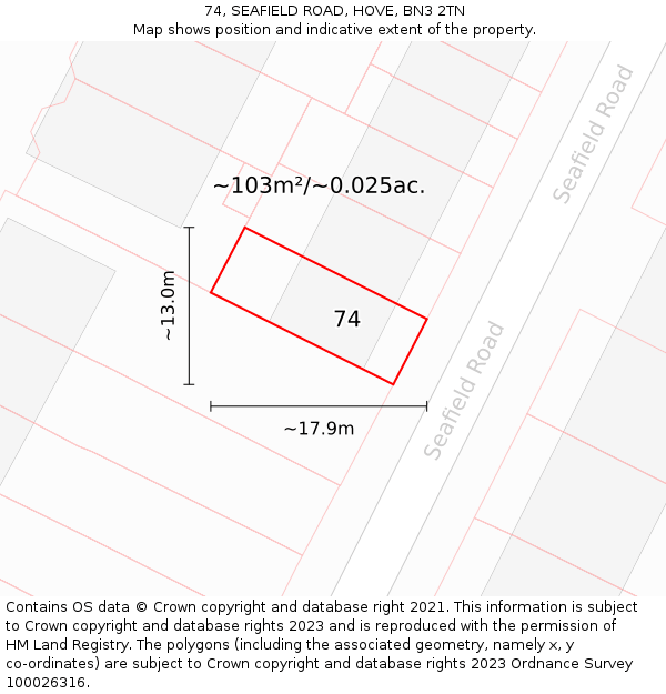 74, SEAFIELD ROAD, HOVE, BN3 2TN: Plot and title map