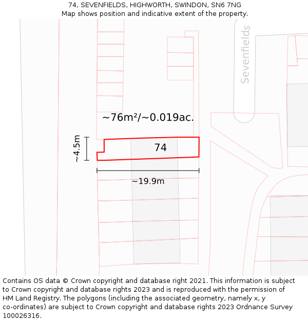 74, SEVENFIELDS, HIGHWORTH, SWINDON, SN6 7NG: Plot and title map