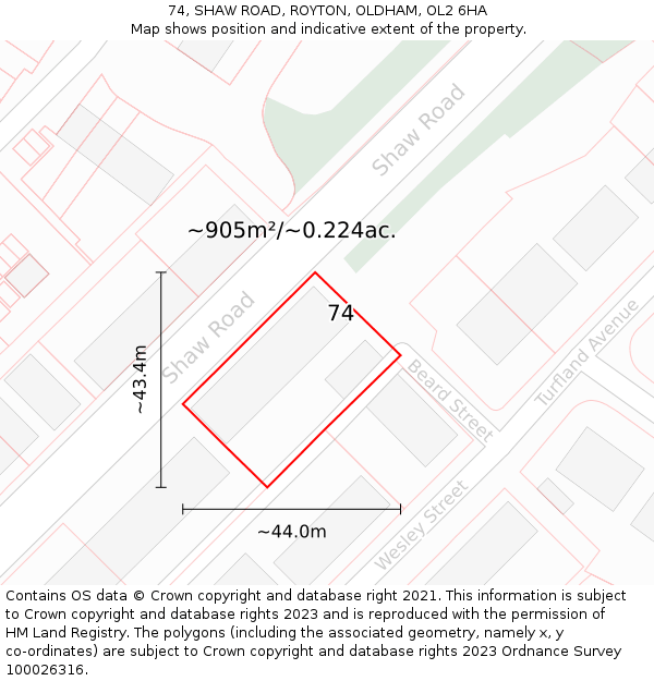 74, SHAW ROAD, ROYTON, OLDHAM, OL2 6HA: Plot and title map