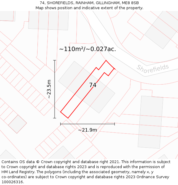 74, SHOREFIELDS, RAINHAM, GILLINGHAM, ME8 8SB: Plot and title map