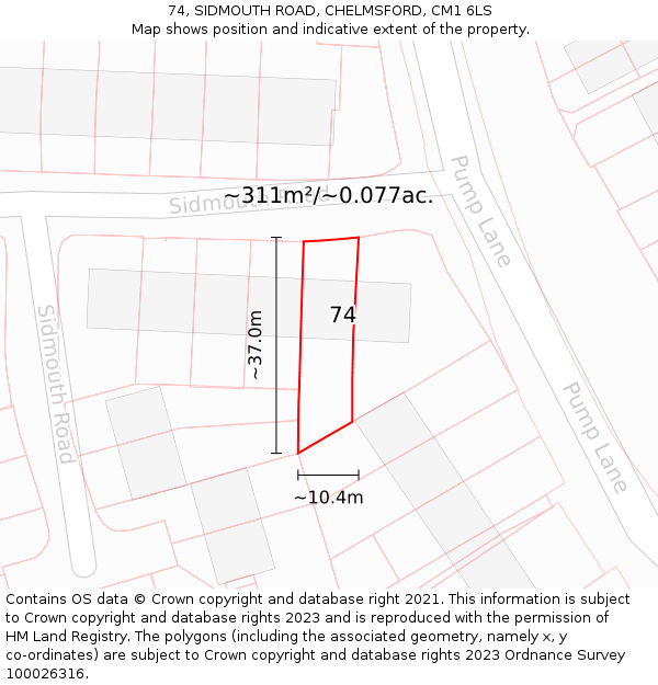 74, SIDMOUTH ROAD, CHELMSFORD, CM1 6LS: Plot and title map