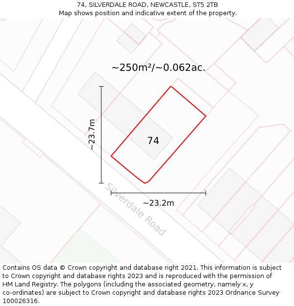 74, SILVERDALE ROAD, NEWCASTLE, ST5 2TB: Plot and title map