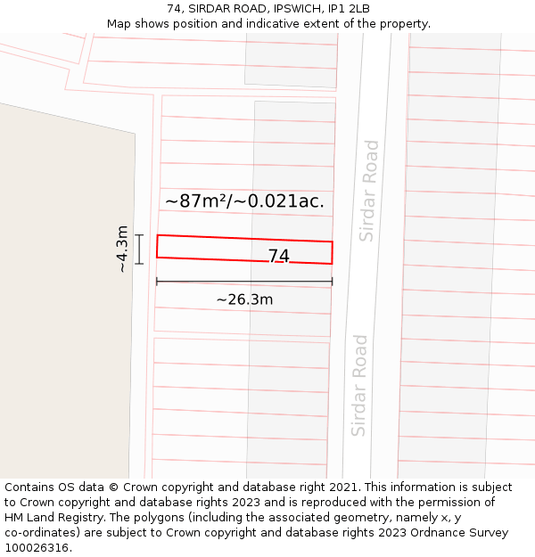 74, SIRDAR ROAD, IPSWICH, IP1 2LB: Plot and title map
