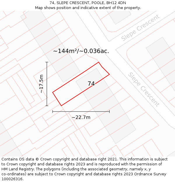 74, SLEPE CRESCENT, POOLE, BH12 4DN: Plot and title map