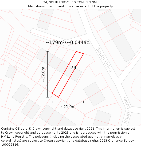 74, SOUTH DRIVE, BOLTON, BL2 3NL: Plot and title map
