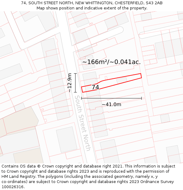 74, SOUTH STREET NORTH, NEW WHITTINGTON, CHESTERFIELD, S43 2AB: Plot and title map