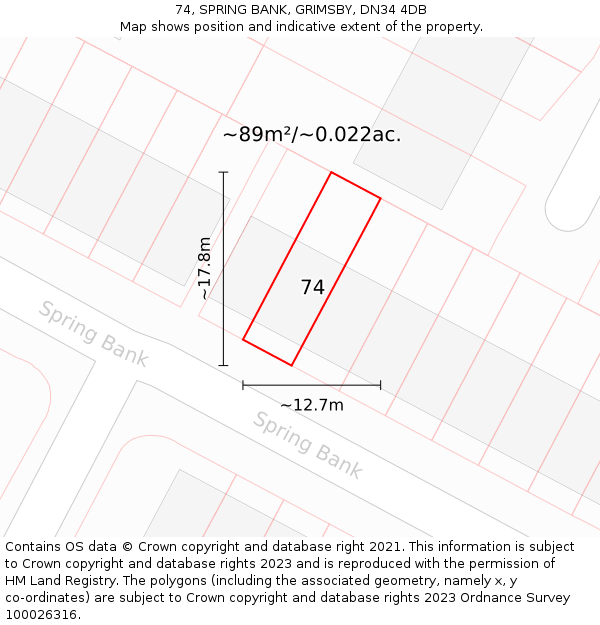 74, SPRING BANK, GRIMSBY, DN34 4DB: Plot and title map