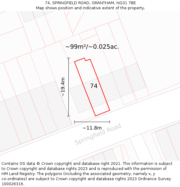 74, SPRINGFIELD ROAD, GRANTHAM, NG31 7BE: Plot and title map