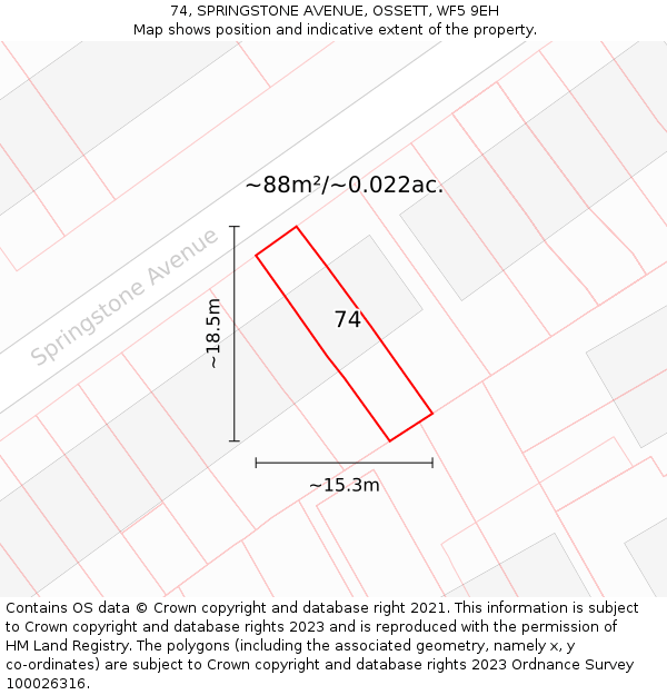 74, SPRINGSTONE AVENUE, OSSETT, WF5 9EH: Plot and title map