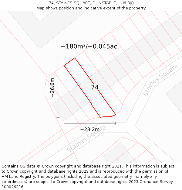 74, STAINES SQUARE, DUNSTABLE, LU6 3JQ: Plot and title map