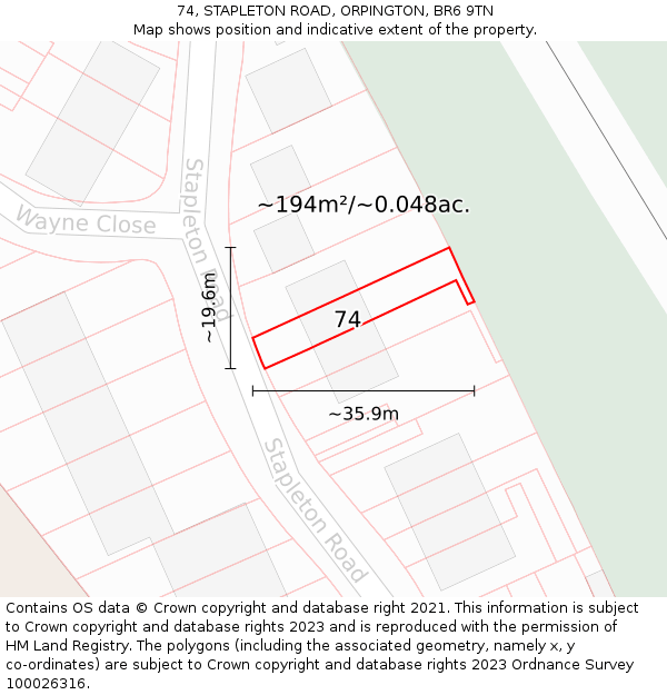 74, STAPLETON ROAD, ORPINGTON, BR6 9TN: Plot and title map
