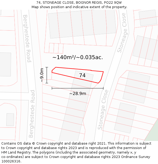 74, STONEAGE CLOSE, BOGNOR REGIS, PO22 9QW: Plot and title map