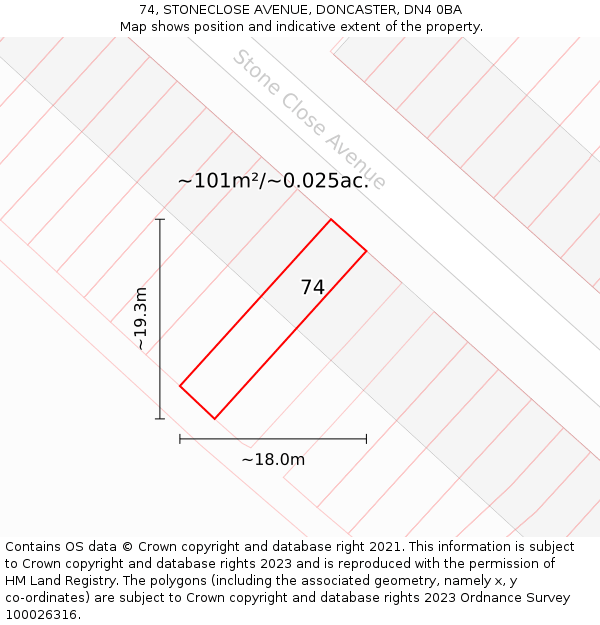 74, STONECLOSE AVENUE, DONCASTER, DN4 0BA: Plot and title map