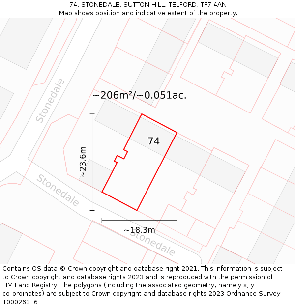 74, STONEDALE, SUTTON HILL, TELFORD, TF7 4AN: Plot and title map