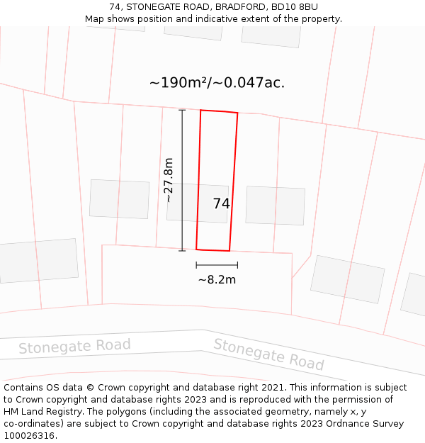 74, STONEGATE ROAD, BRADFORD, BD10 8BU: Plot and title map