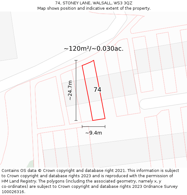 74, STONEY LANE, WALSALL, WS3 3QZ: Plot and title map