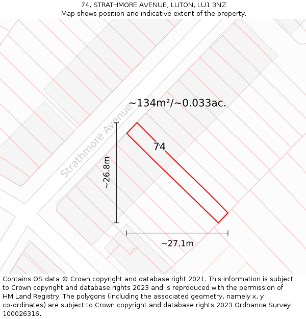 74, STRATHMORE AVENUE, LUTON, LU1 3NZ: Plot and title map