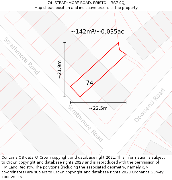 74, STRATHMORE ROAD, BRISTOL, BS7 9QJ: Plot and title map