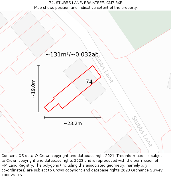 74, STUBBS LANE, BRAINTREE, CM7 3XB: Plot and title map