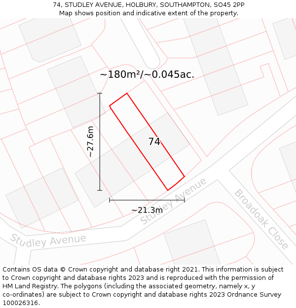 74, STUDLEY AVENUE, HOLBURY, SOUTHAMPTON, SO45 2PP: Plot and title map